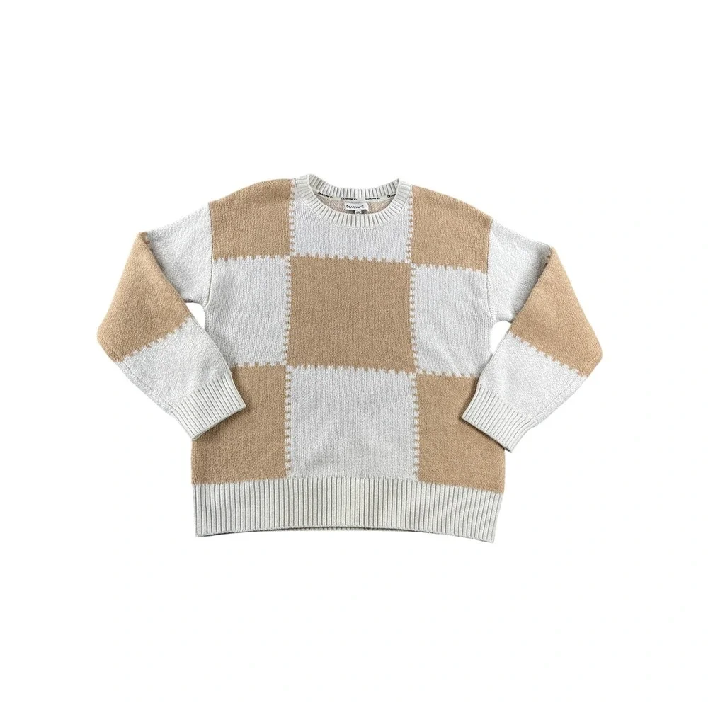 Bearpaw Mens Checkerboard Crewneck Sweater Tan White Knit Pullover Large